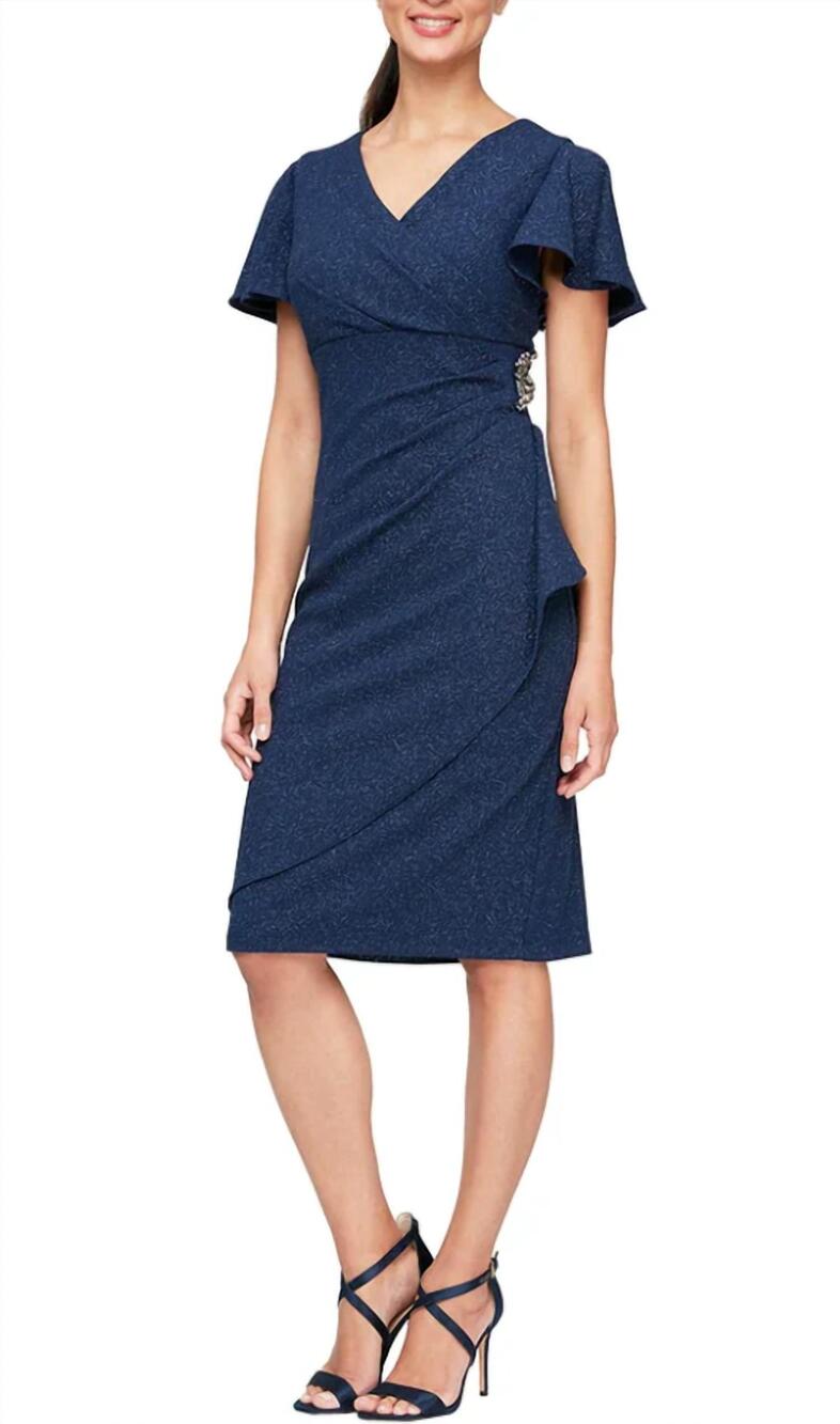 NEW SLNY sparkle v neck shirred dress in navy